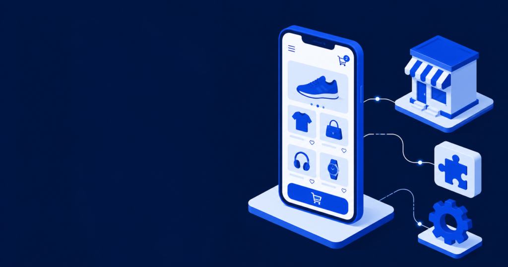 Shopify custom app development illustration showing a custom mobile app connected to an online store