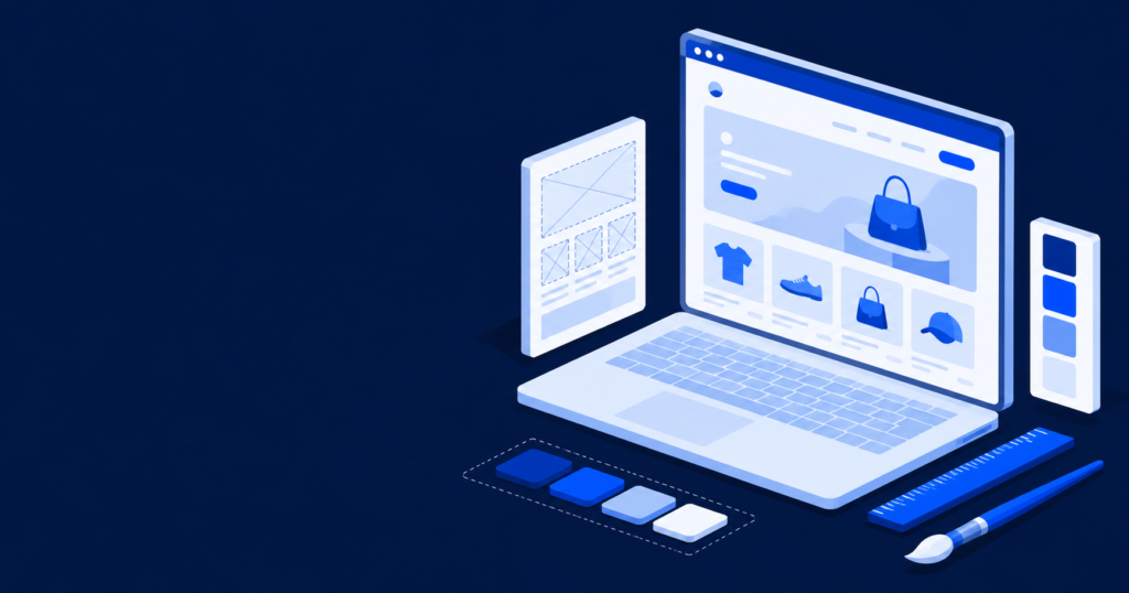 Shopify custom theme development illustration showing a custom storefront design layout